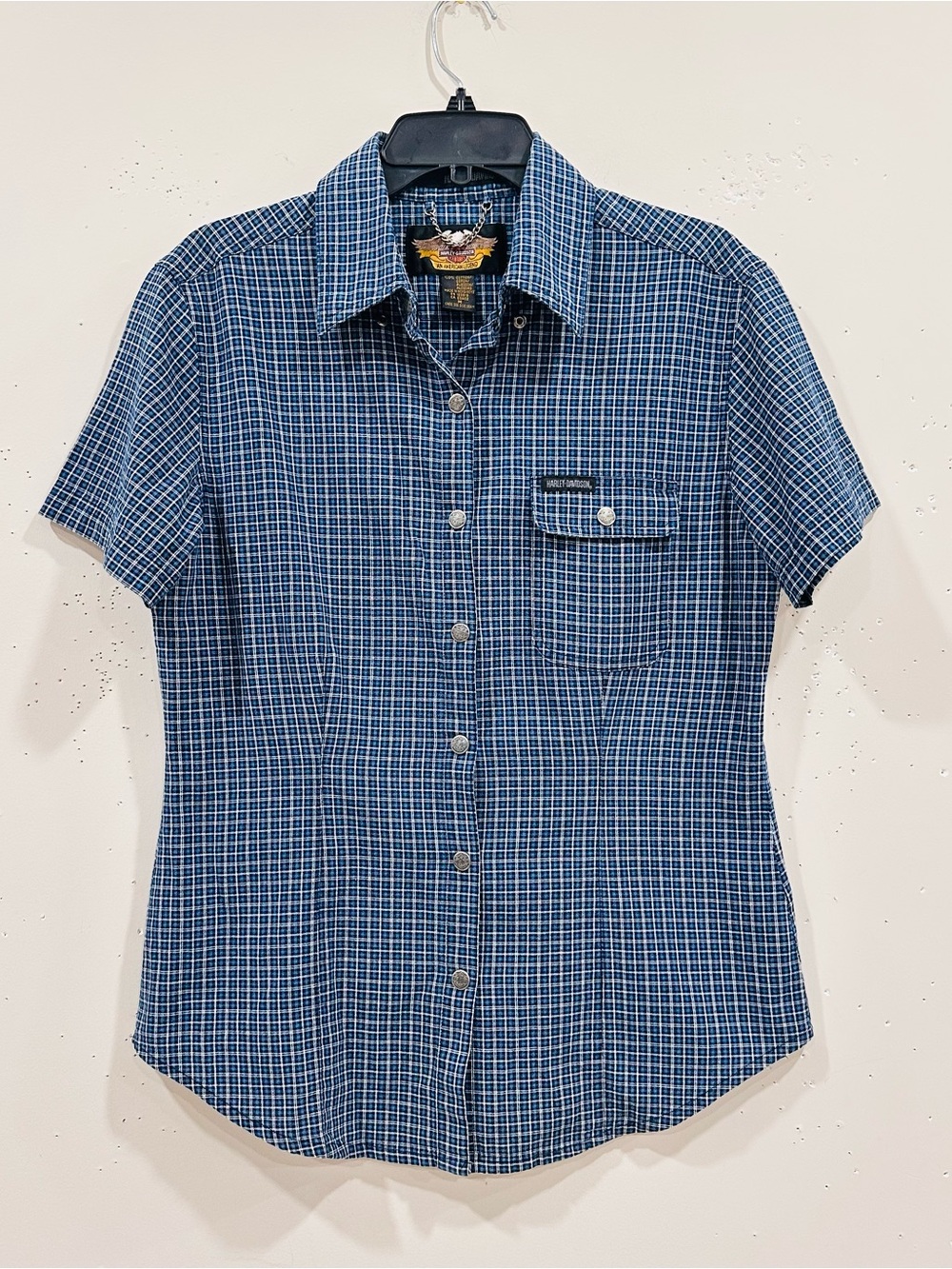 Vtg Harley Davidson Women's M Blue Plaid S/S Snap Button Shirt Cotton Chain Tag
